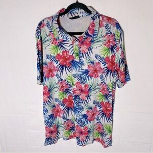 Greenside Golf Pink Blue Tropical Floral Print Polo Golf Shirt L